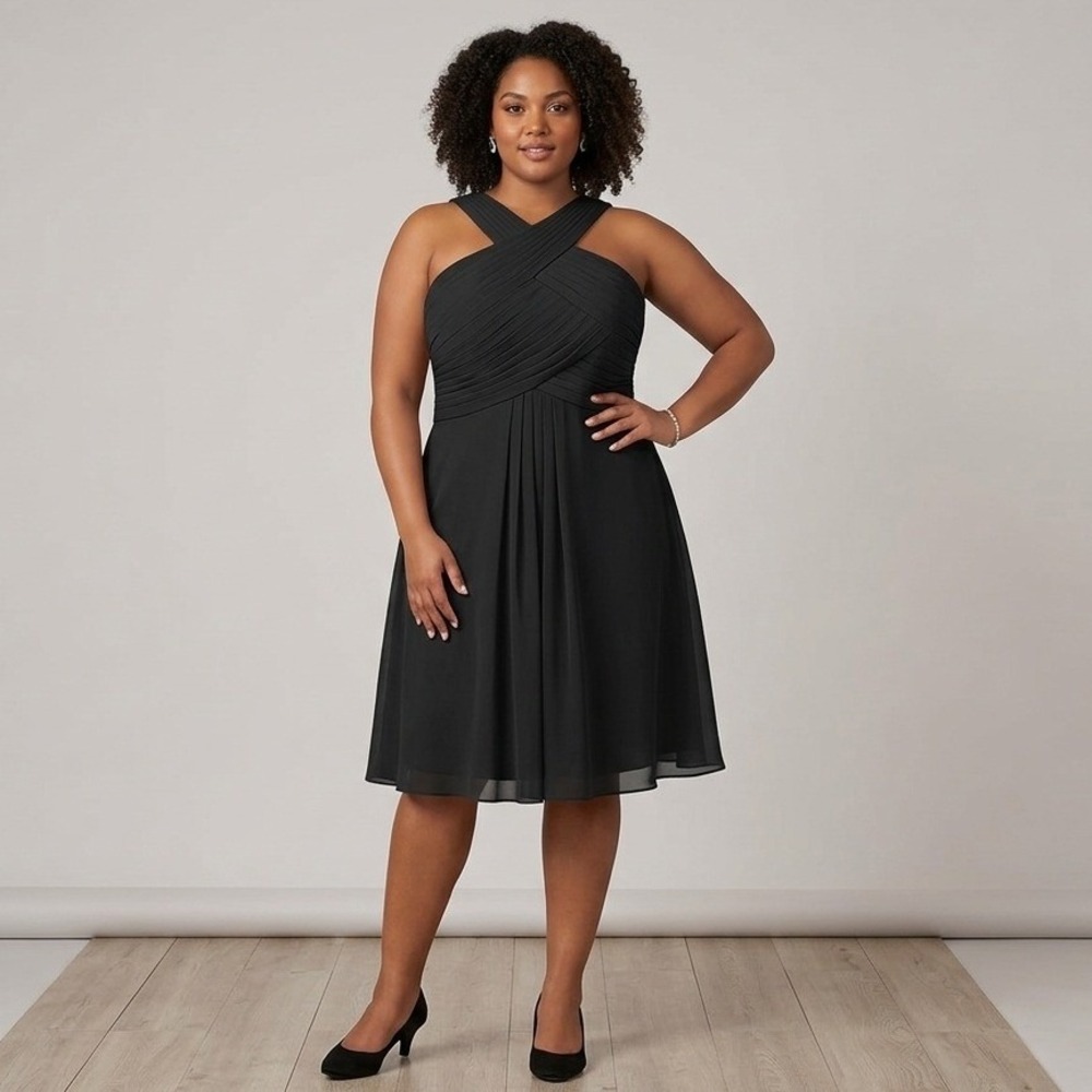 Azazie Amani Bridesmaid Dress Womens A22 Black Chiffon Pleated Halter Plus Size